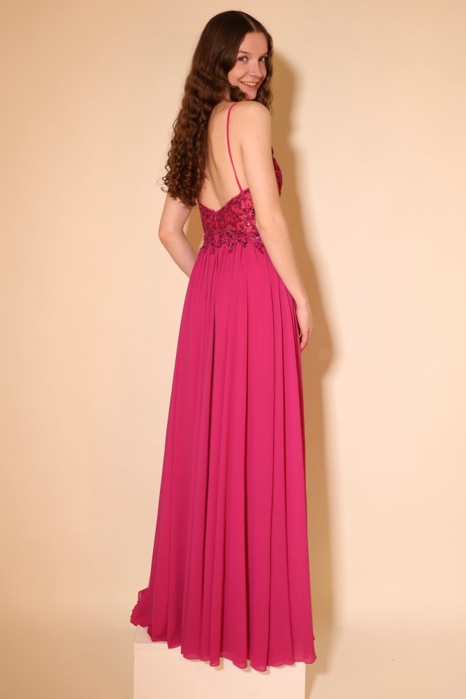 Langes Chiffon - Abendkleid mit Pailletten - Spitze & V - Ausschnitt, pink - Dein Kleiderladen