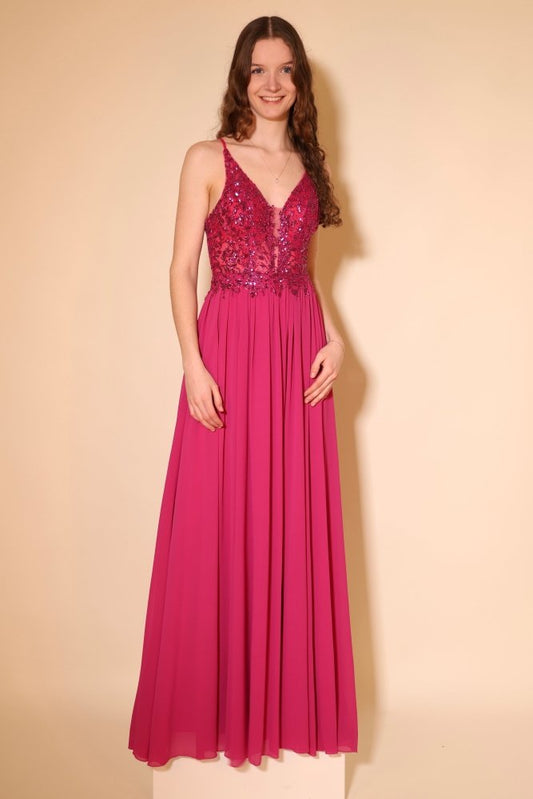Langes Chiffon - Abendkleid mit Pailletten - Spitze & V - Ausschnitt, pink - Dein Kleiderladen