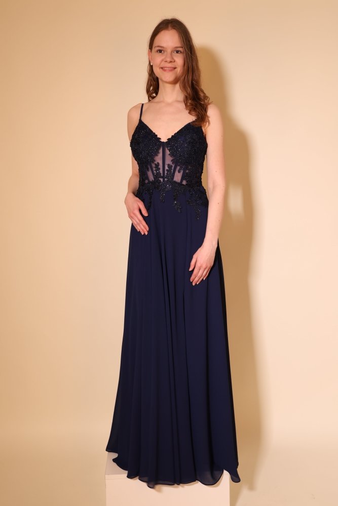 Langes Chiffon - Abendkleid mit Spitzen - Corsage & Schlitz, dunkelblau - Dein Kleiderladen