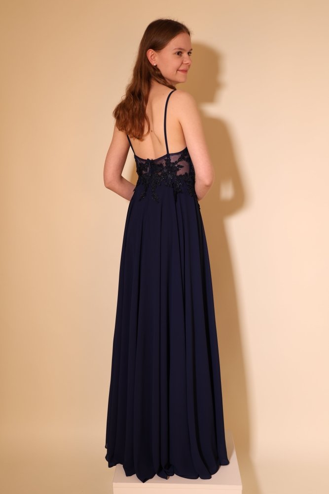 Langes Chiffon - Abendkleid mit Spitzen - Corsage & Schlitz, dunkelblau - Dein Kleiderladen
