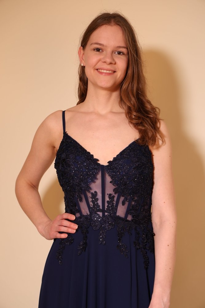 Langes Chiffon - Abendkleid mit Spitzen - Corsage & Schlitz, dunkelblau - Dein Kleiderladen