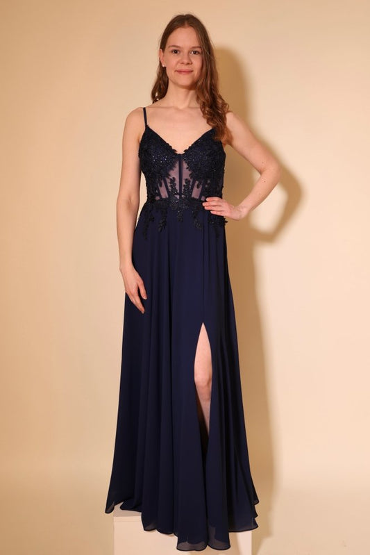 Langes Chiffon - Abendkleid mit Spitzen - Corsage & Schlitz, dunkelblau - Dein Kleiderladen