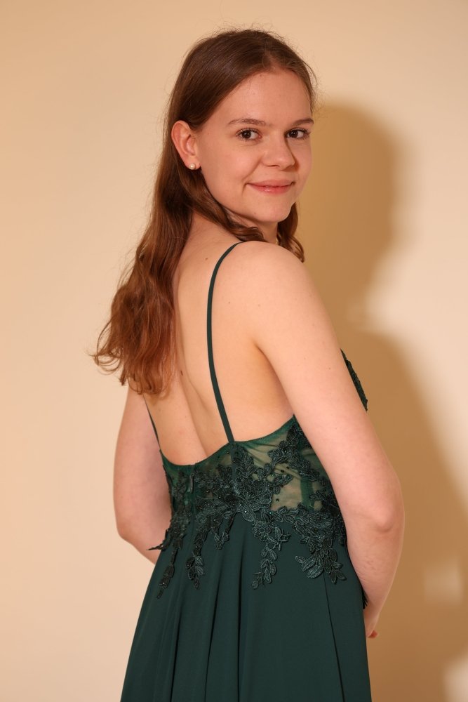 Langes Chiffon - Abendkleid mit Spitzen - Corsage & Schlitz, dunkelgrün - Dein Kleiderladen