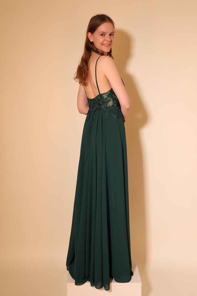 Langes Chiffon - Abendkleid mit Spitzen - Corsage & Schlitz, dunkelgrün - Dein Kleiderladen