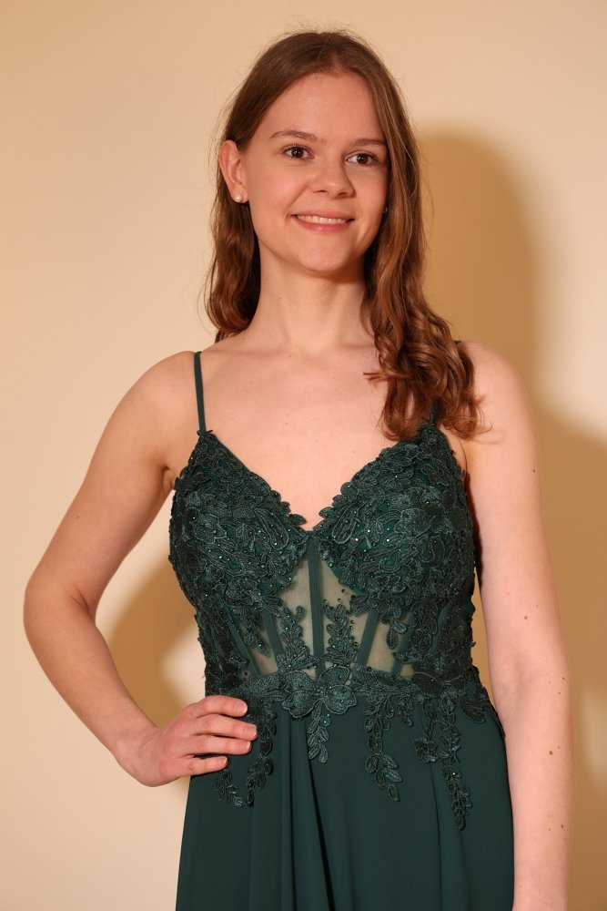 Langes Chiffon - Abendkleid mit Spitzen - Corsage & Schlitz, dunkelgrün - Dein Kleiderladen