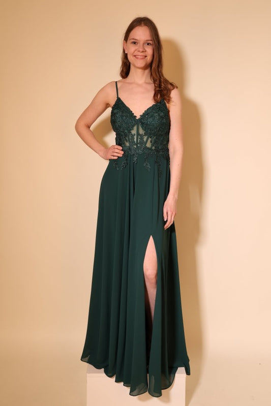 Langes Chiffon - Abendkleid mit Spitzen - Corsage & Schlitz, dunkelgrün - Dein Kleiderladen