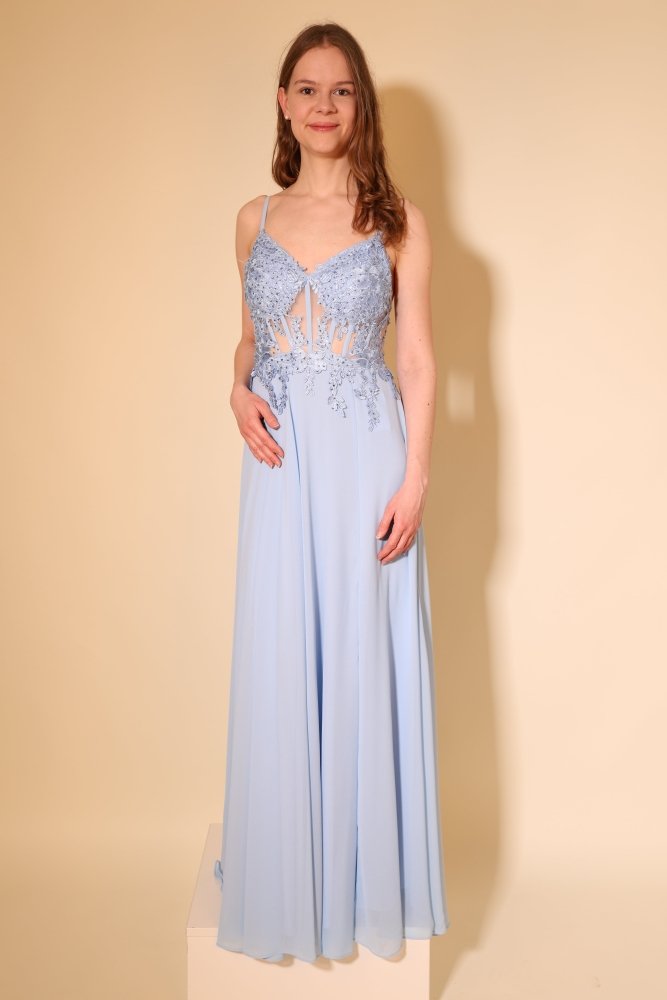 Langes Chiffon - Abendkleid mit Spitzen - Corsage & Schlitz, hellblau - Dein Kleiderladen