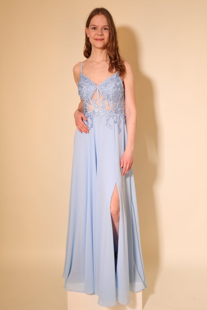 Langes Chiffon - Abendkleid mit Spitzen - Corsage & Schlitz, hellblau - Dein Kleiderladen