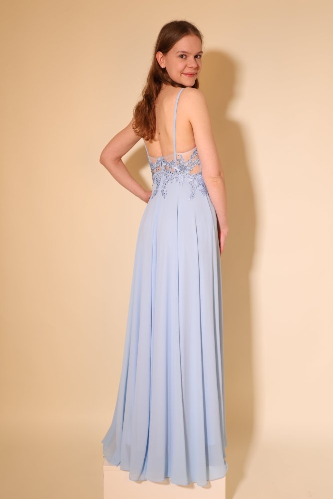 Langes Chiffon - Abendkleid mit Spitzen - Corsage & Schlitz, hellblau - Dein Kleiderladen