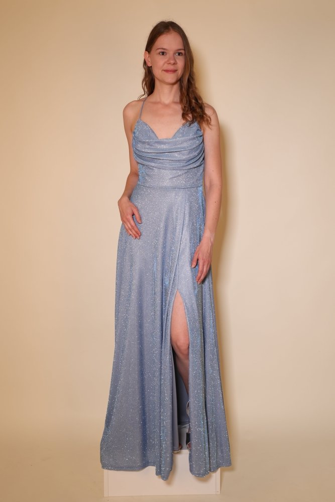 Langes Glitzer-Abendkleid mit Schlitz und Schnürung, hellblau - Dein Kleiderladen