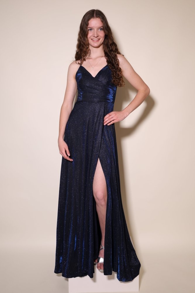 Langes Glitzerkleid mit Schnürung und Schlitz, dunkelblau - Dein Kleiderladen