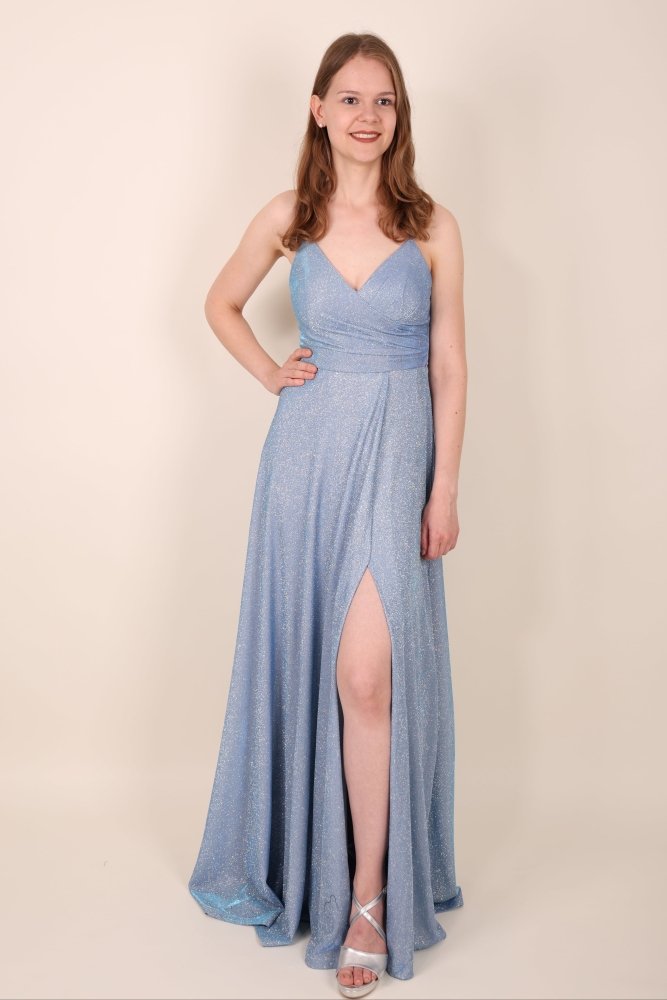 Langes Glitzerkleid mit Schnürung und Schlitz, hellblau - Dein Kleiderladen