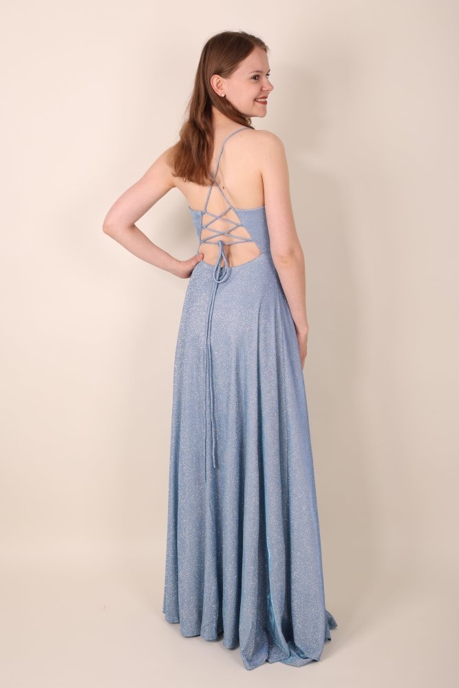 Langes Glitzerkleid mit Schnürung und Schlitz, hellblau - Dein Kleiderladen