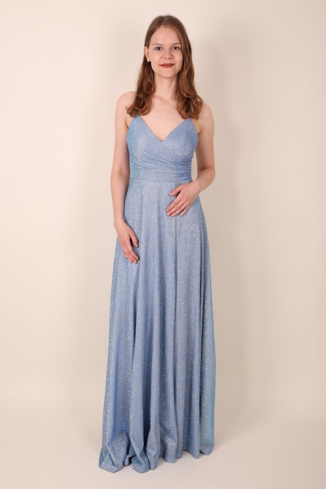 Langes Glitzerkleid mit Schnürung und Schlitz, hellblau - Dein Kleiderladen