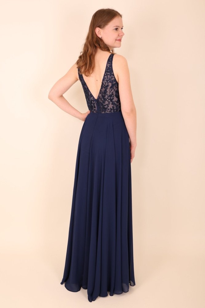 Langes Kleid mit floraler Spitze, dunkelblau - Dein Kleiderladen