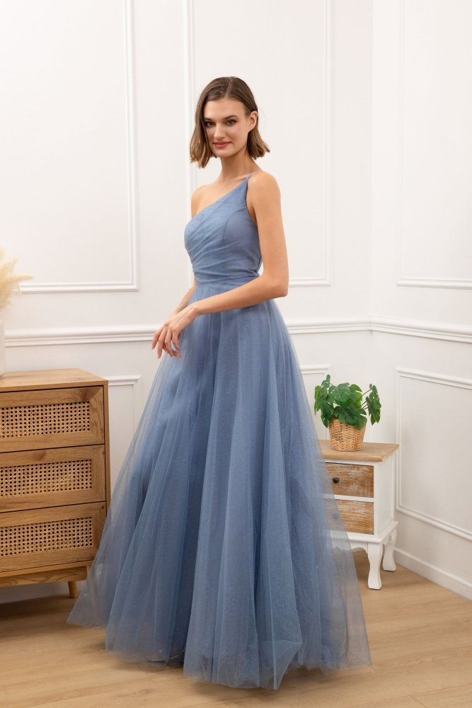 Langes One - Shoulder Glitzer - Tüllkleid, hellblau - Dein Kleiderladen