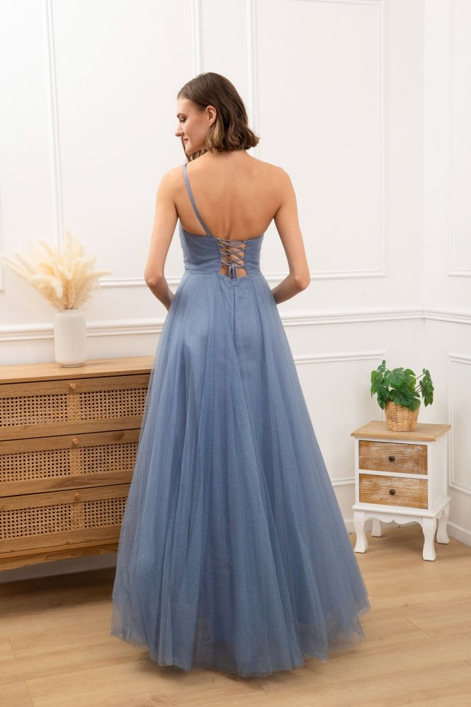 Langes One - Shoulder Glitzer - Tüllkleid, hellblau - Dein Kleiderladen