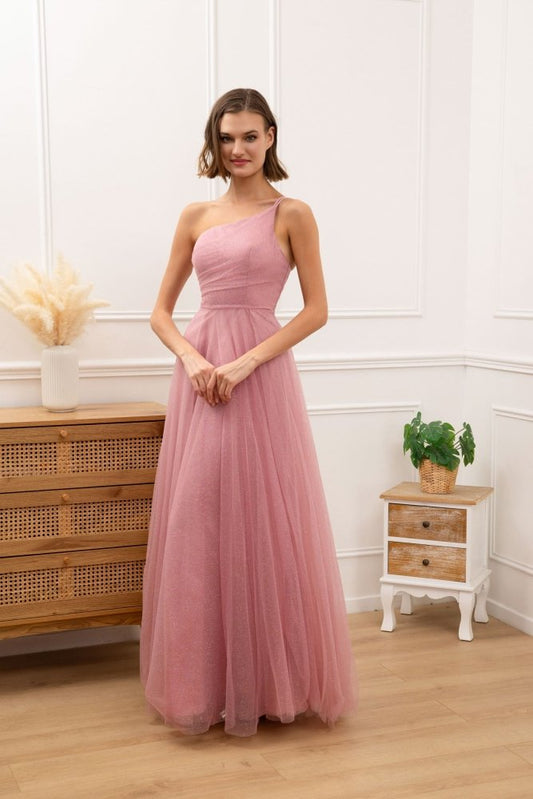 Langes One - Shoulder Glitzer - Tüllkleid, rosa - Dein Kleiderladen