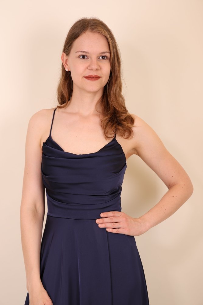 Langes Satin-Abendkleid mit Schlitz und Schnürung, dunkelblau - Dein Kleiderladen