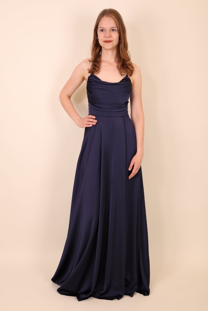Langes Satin-Abendkleid mit Schlitz und Schnürung, dunkelblau - Dein Kleiderladen
