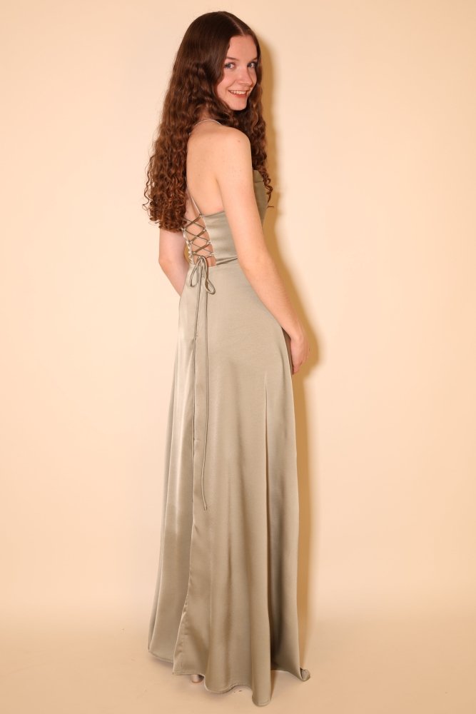 Langes Satin - Abendkleid mit Schlitz und Schnürung, salbei - Dein Kleiderladen