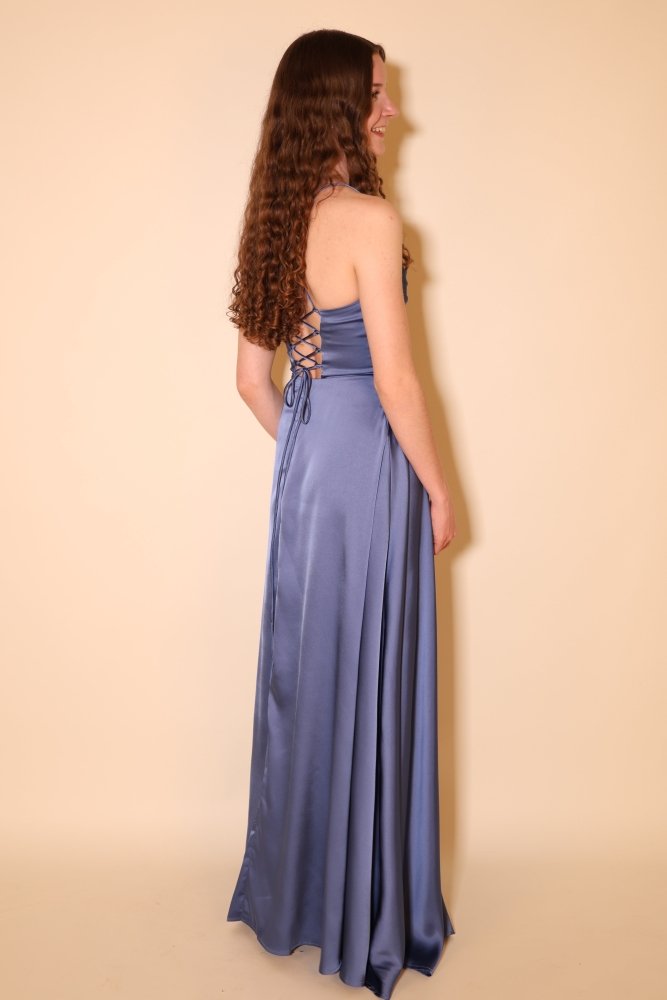 Langes Satin - Abendkleid mit Schlitz und Schnürung, taubenblau - Dein Kleiderladen