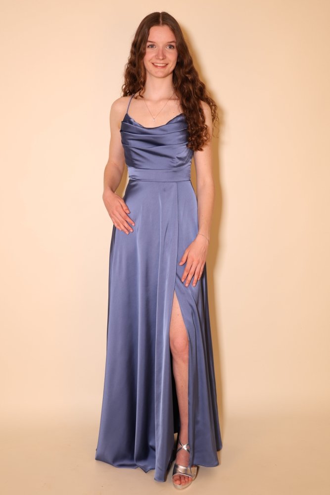 Langes Satin - Abendkleid mit Schlitz und Schnürung, taubenblau - Dein Kleiderladen