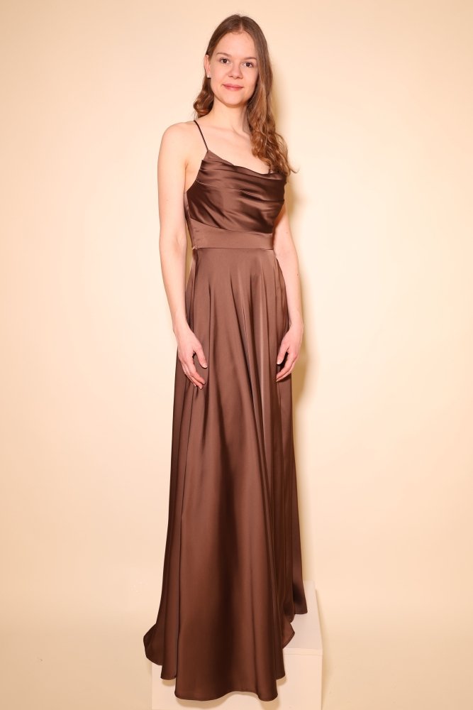 Langes Satin - Abendkleid mit Schlitz und Schnürung, braun - Dein Kleiderladen