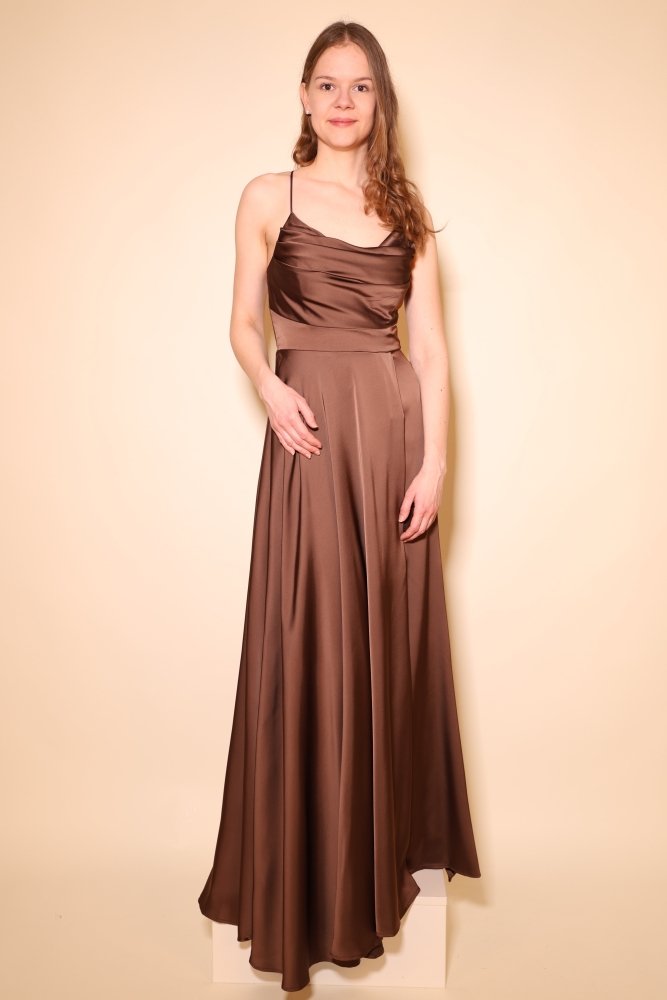Langes Satin - Abendkleid mit Schlitz und Schnürung, braun - Dein Kleiderladen