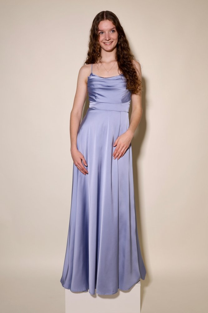 Langes Satin - Abendkleid mit Schlitz und Schnürung, graublau - Dein Kleiderladen