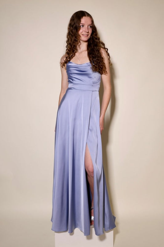 Langes Satin - Abendkleid mit Schlitz und Schnürung, graublau - Dein Kleiderladen