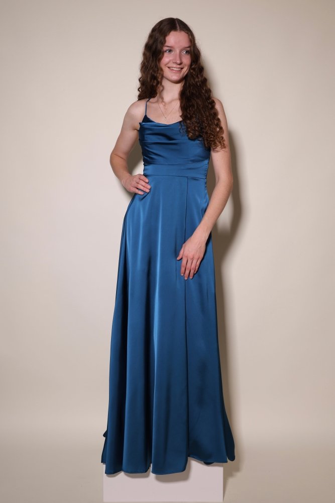 Langes Satin - Abendkleid mit Schlitz und Schnürung, petrol - Dein Kleiderladen