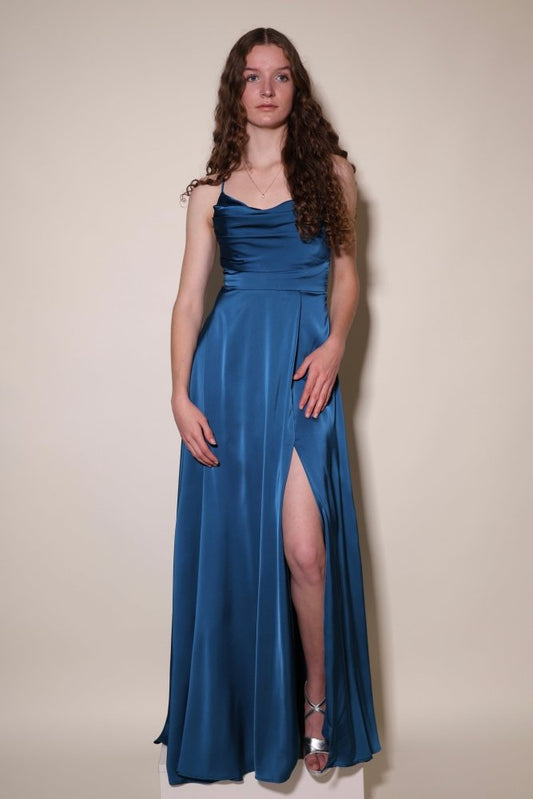 Langes Satin - Abendkleid mit Schlitz und Schnürung, petrol - Dein Kleiderladen