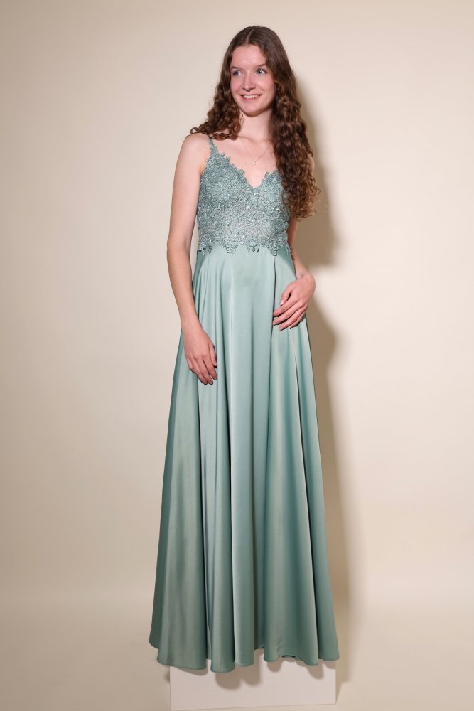 Langes Satinkleid mit Spitze und Schlitz, mint - Dein Kleiderladen