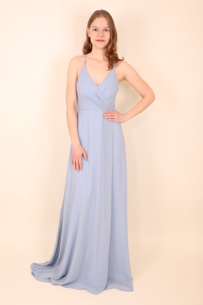 Langes schlichtes Ballkleid mit V - Ausschnitt, hellblau - Dein Kleiderladen