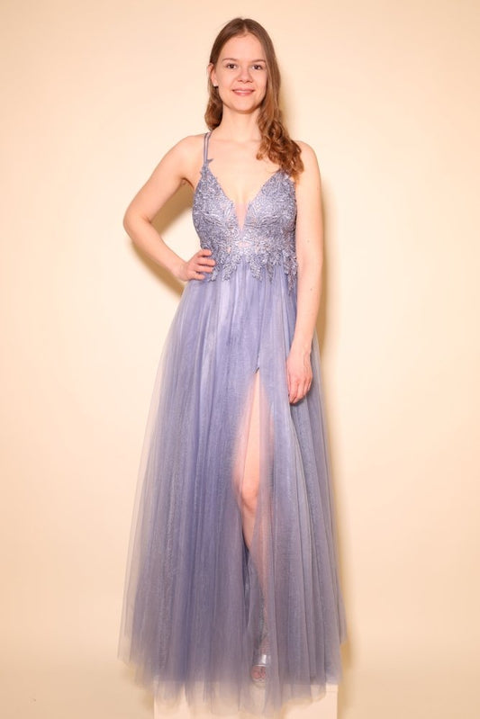 Langes Tüllkleid mit funkelnder Spitze und Schlitz, graublau - Dein Kleiderladen