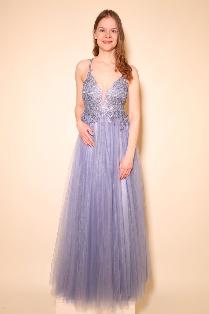 Langes Tüllkleid mit funkelnder Spitze und Schlitz, graublau - Dein Kleiderladen