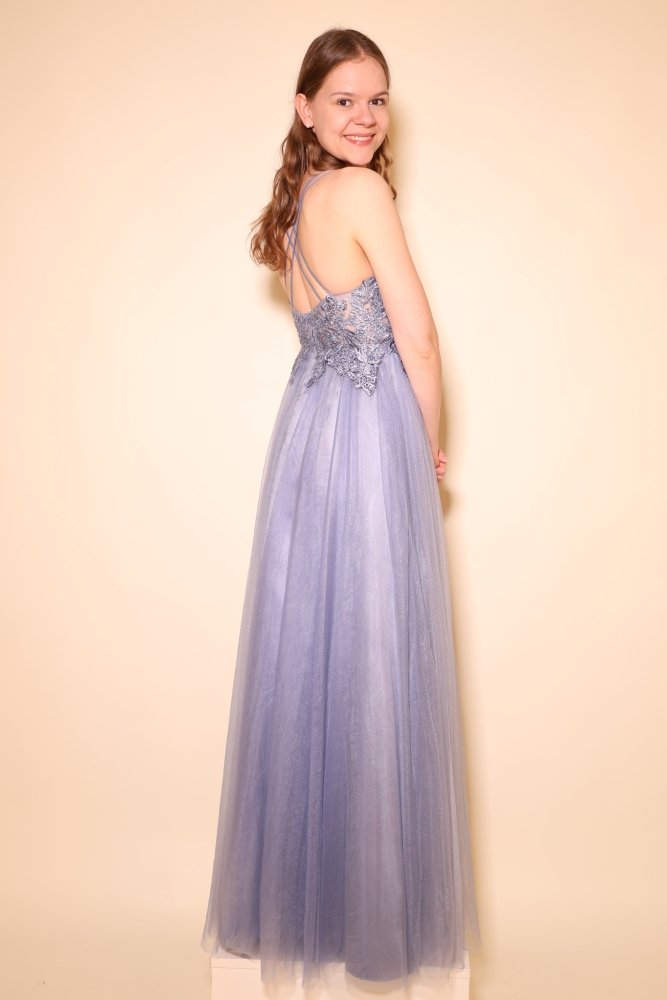 Langes Tüllkleid mit funkelnder Spitze und Schlitz, graublau - Dein Kleiderladen