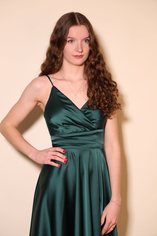 Midi Satin - Abendkleid mit Spaghettiträgern, dunkelgrün - Dein Kleiderladen