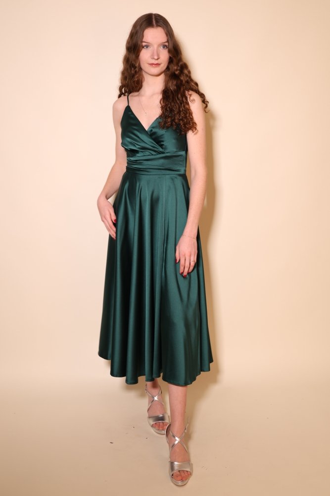 Midi Satin - Abendkleid mit Spaghettiträgern, dunkelgrün - Dein Kleiderladen