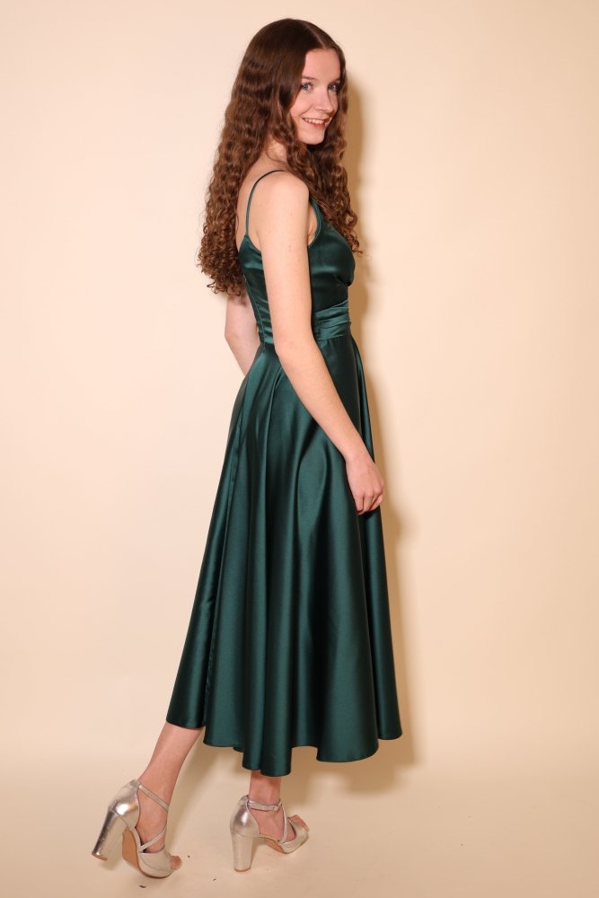 Midi Satin - Abendkleid mit Spaghettiträgern, dunkelgrün - Dein Kleiderladen