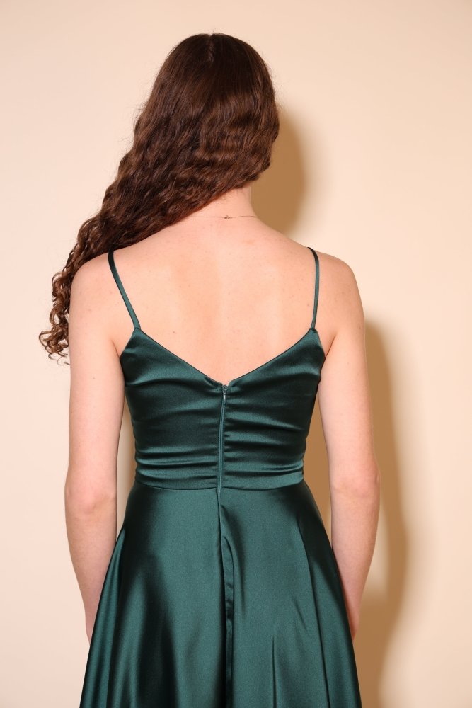 Midi Satin - Abendkleid mit Spaghettiträgern, dunkelgrün - Dein Kleiderladen