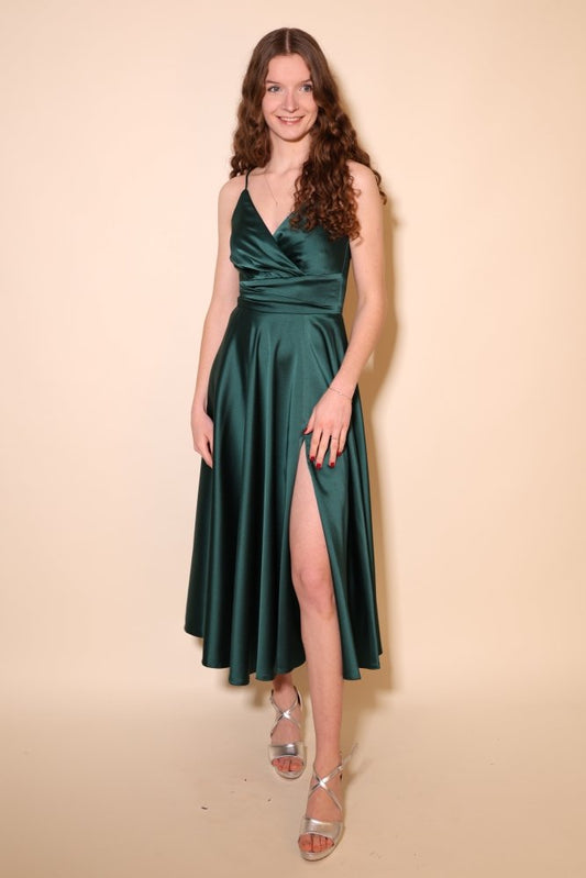 Midi Satin - Abendkleid mit Spaghettiträgern, dunkelgrün - Dein Kleiderladen
