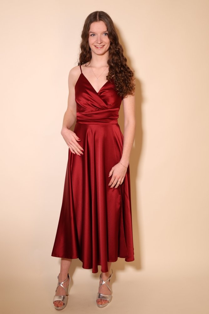 Midi Satin - Abendkleid mit Spaghettiträgern, dunkelrot - Dein Kleiderladen