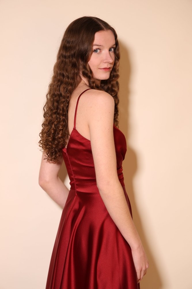 Midi Satin - Abendkleid mit Spaghettiträgern, dunkelrot - Dein Kleiderladen