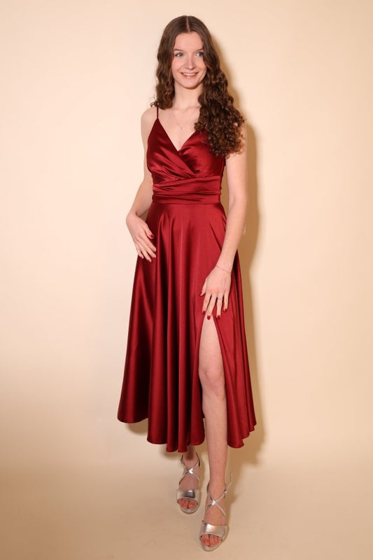 Midi Satin - Abendkleid mit Spaghettiträgern, dunkelrot - Dein Kleiderladen