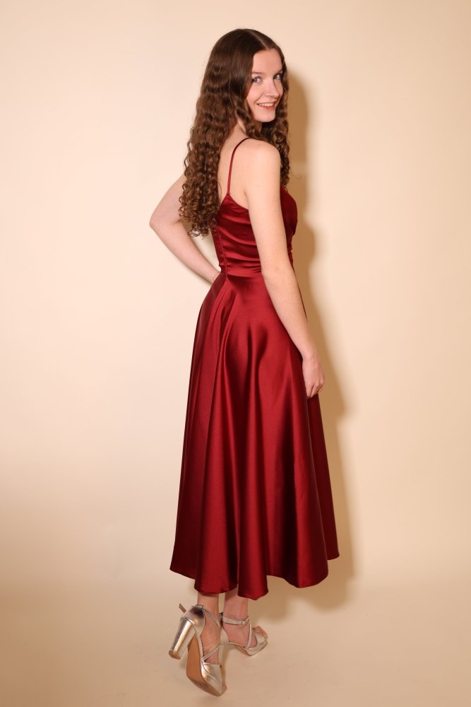 Midi Satin - Abendkleid mit Spaghettiträgern, dunkelrot - Dein Kleiderladen