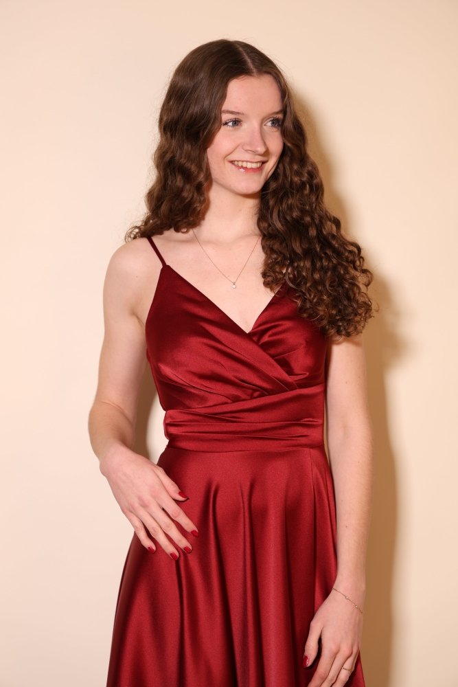 Midi Satin - Abendkleid mit Spaghettiträgern, dunkelrot - Dein Kleiderladen