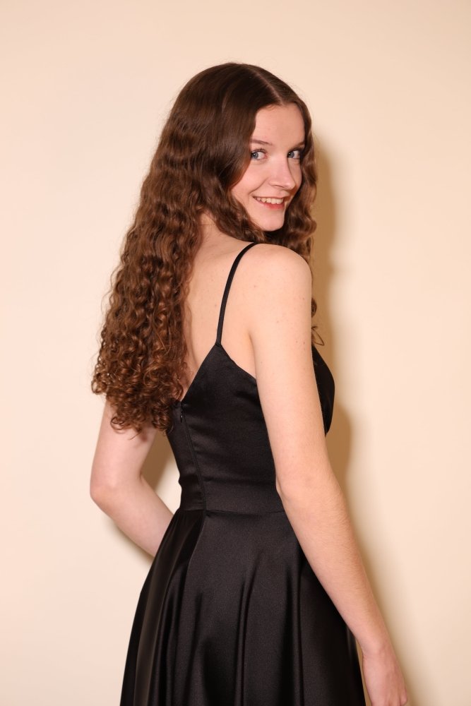 Midi Satin - Abendkleid mit Spaghettiträgern, schwarz - Dein Kleiderladen