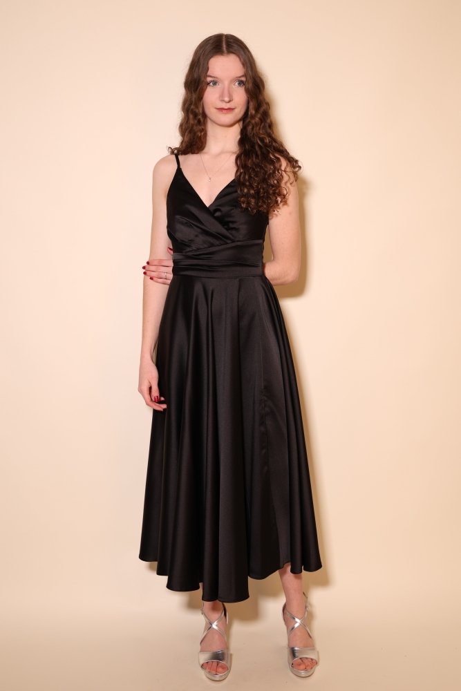 Midi Satin - Abendkleid mit Spaghettiträgern, schwarz - Dein Kleiderladen